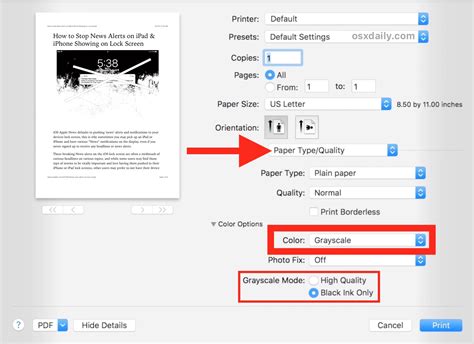 how to print in black and white mac